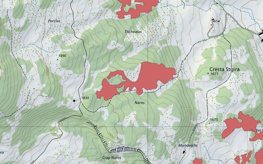 swisstopo national map showing the protected perimeter of Porclas (Dry meadow)