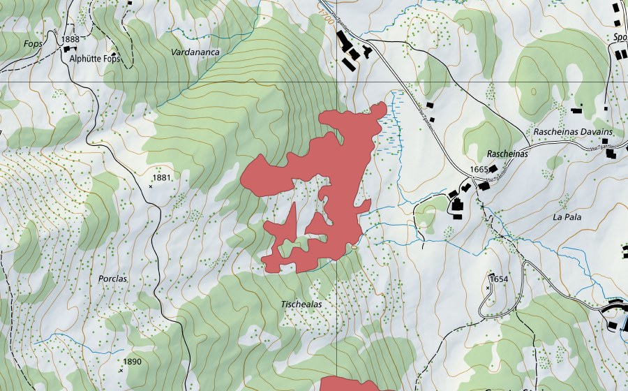 Carte nationale swisstopo avec le périmètre protégé de Porclas (Prairie sèche)