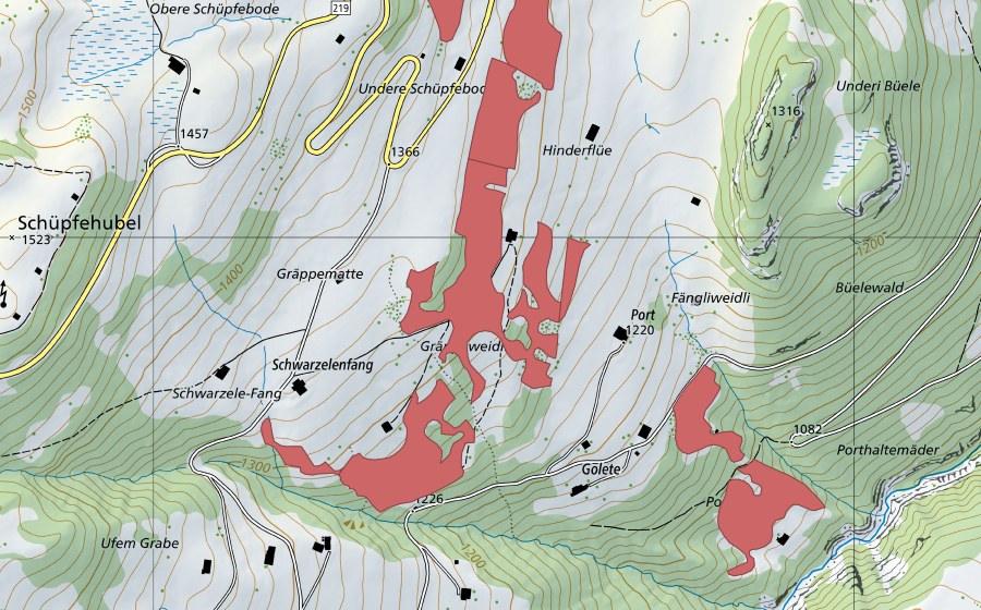Carte nationale swisstopo avec le périmètre protégé de Port (Prairie sèche)