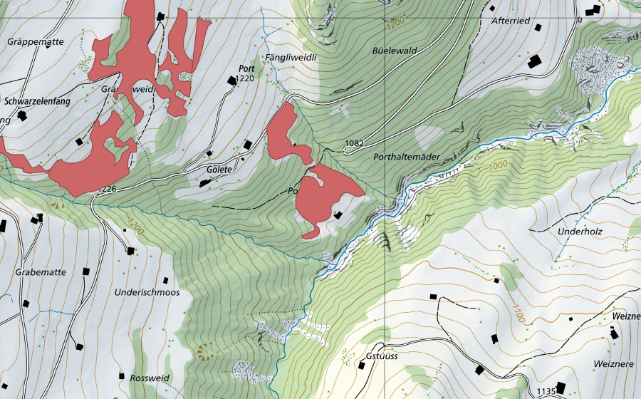 Carte nationale swisstopo avec le périmètre protégé de Port (Prairie sèche)