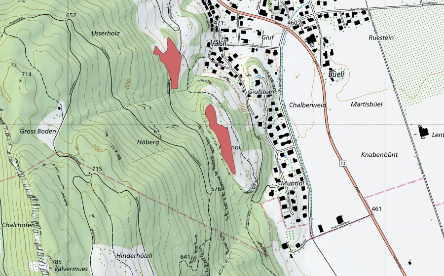 Carte nationale swisstopo avec le périmètre protégé de Portnol (Prairie sèche)