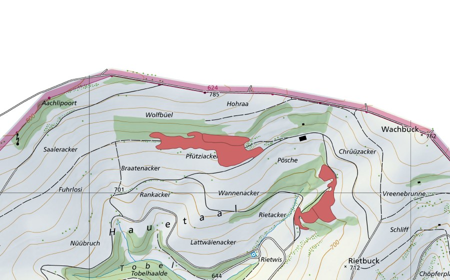 Carte nationale swisstopo avec le périmètre protégé de Pöschen (Prairie sèche)