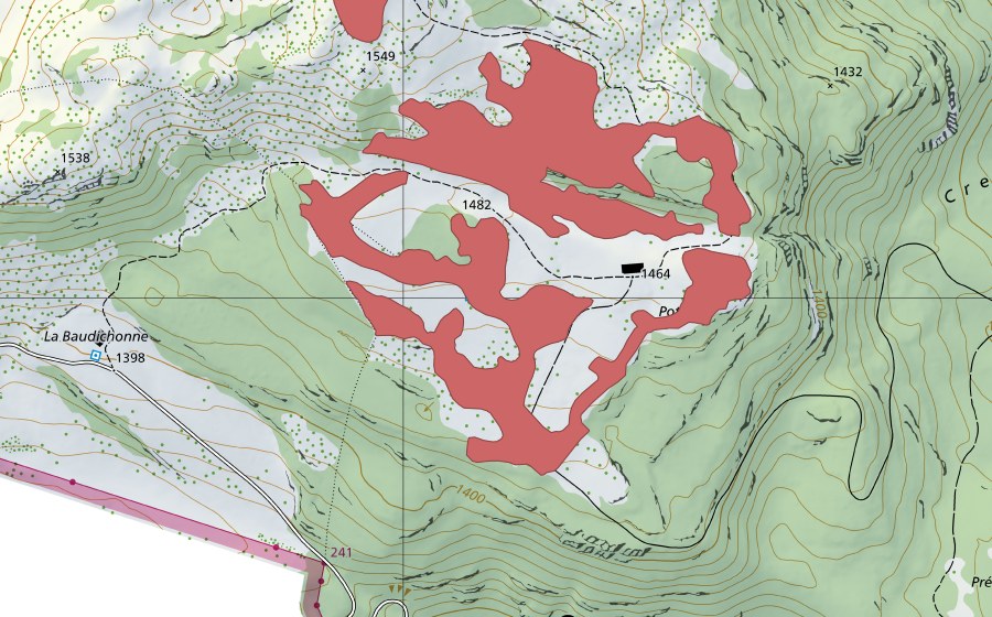 swisstopo national map showing the protected perimeter of Potraux (Dry meadow)