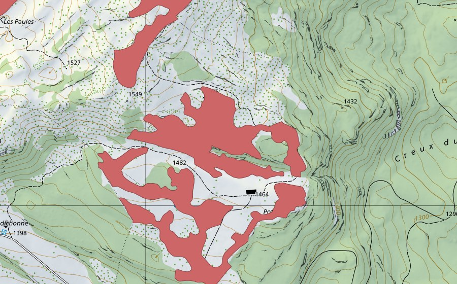 Landeskarte swisstopo mit dem Schutzperimeter von Potraux (Trockenwiese)