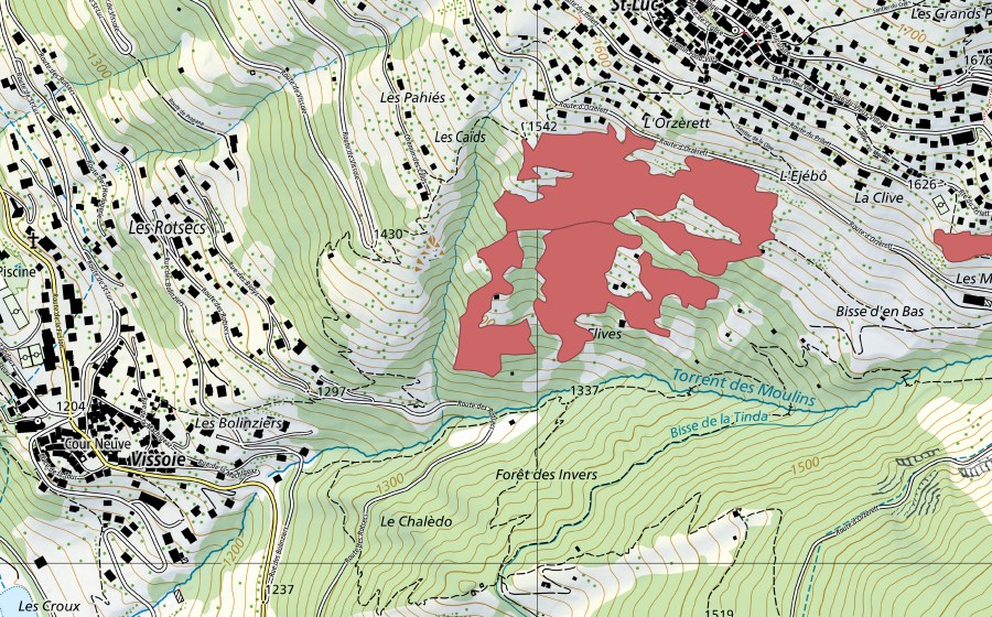 Carte nationale swisstopo avec le périmètre protégé de Poyets (Prairie sèche)