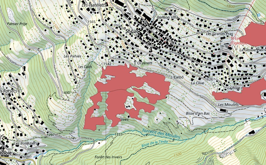 Carte nationale swisstopo avec le périmètre protégé de Poyets (Prairie sèche)
