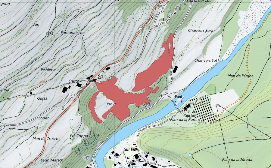 swisstopo national map showing the protected perimeter of Pra da Punt (Dry meadow)