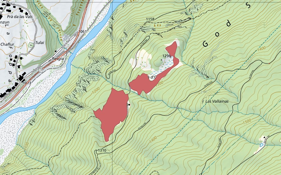 Carte nationale swisstopo avec le périmètre protégé de Pra Vegl (Prairie sèche)