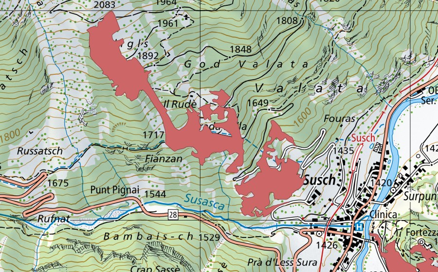 Carte nationale swisstopo avec le périmètre protégé de Prada Bella (Prairie sèche)