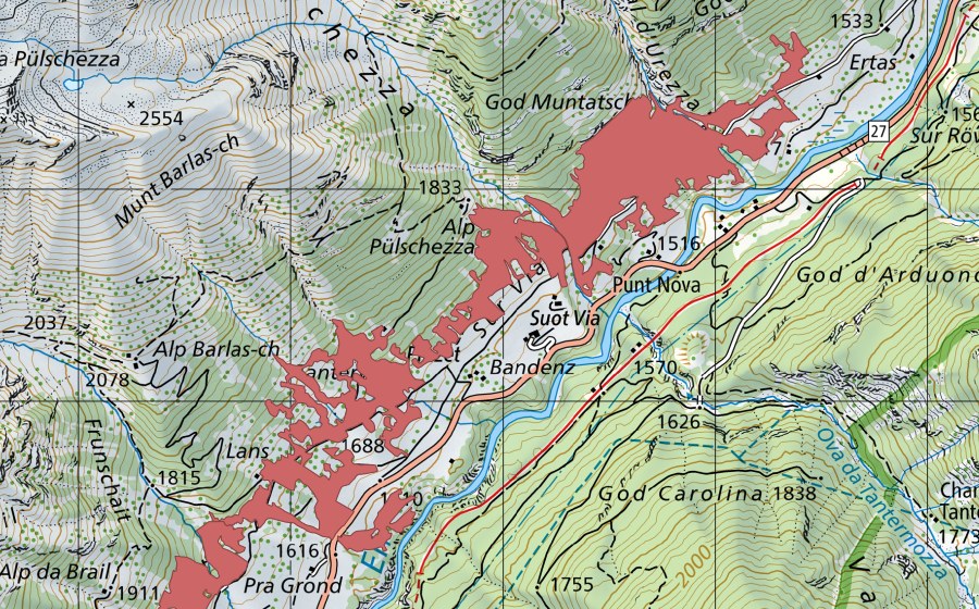 swisstopo national map showing the protected perimeter of Prada d'Urezza (Dry meadow)