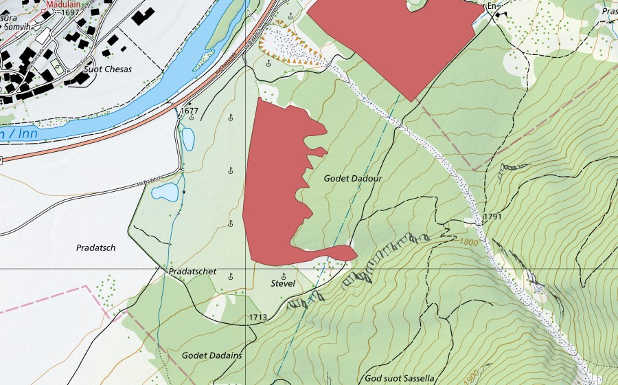 Carte nationale swisstopo avec le périmètre protégé de Pradatsch (Prairie sèche)
