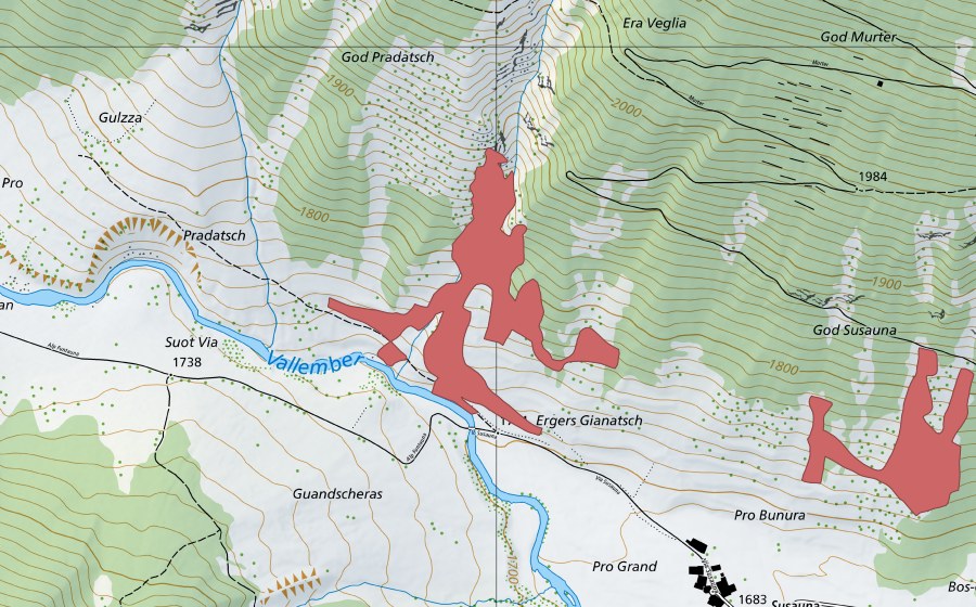 swisstopo national map showing the protected perimeter of Pradatsch (Dry meadow)