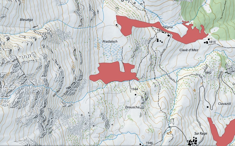 Carte nationale swisstopo avec le périmètre protégé de Pradatsch (Prairie sèche)
