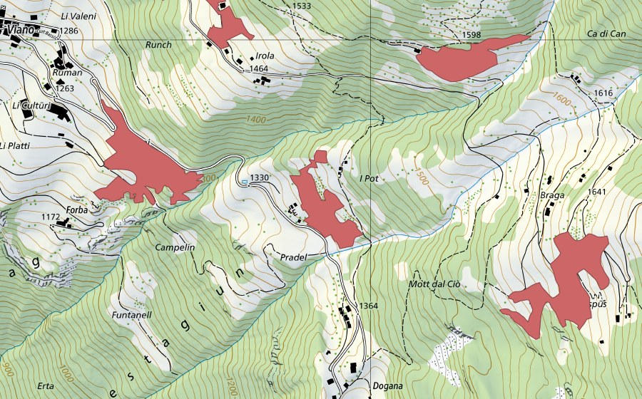 Carte nationale swisstopo avec le périmètre protégé de Pradel (Prairie sèche)