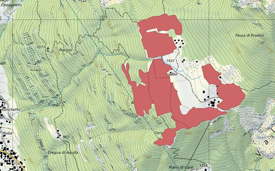 Landeskarte swisstopo mit dem Schutzperimeter von Pradóir (Trockenwiese)