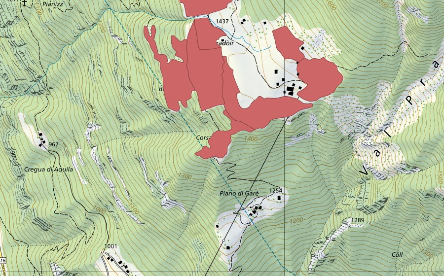 Carte nationale swisstopo avec le périmètre protégé de Pradóir (Prairie sèche)