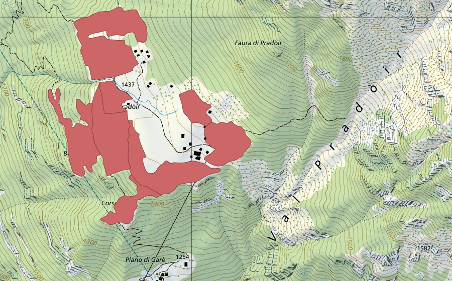Carte nationale swisstopo avec le périmètre protégé de Pradóir (Prairie sèche)