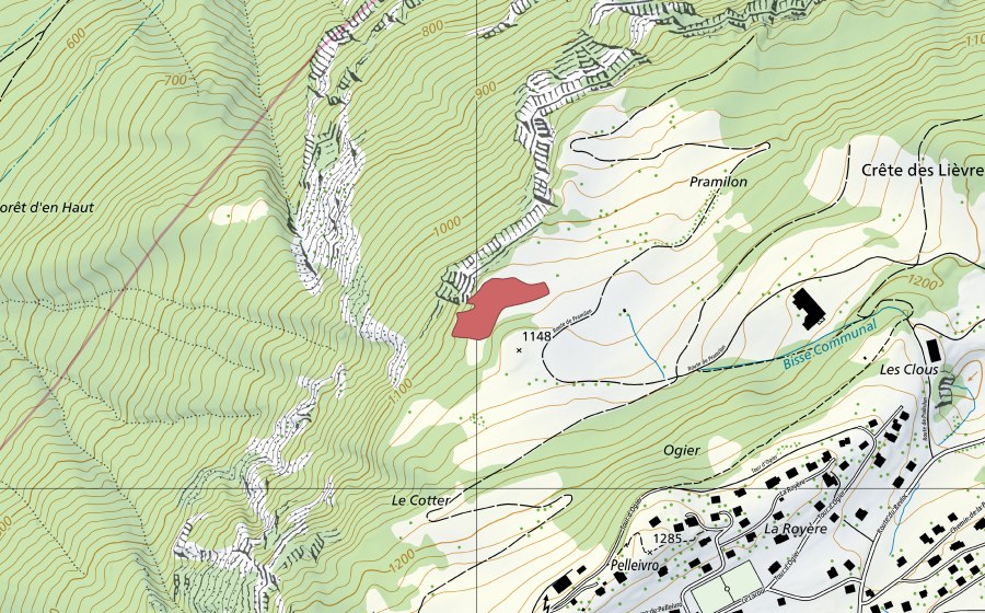 Landeskarte swisstopo mit dem Schutzperimeter von Pramilon (Trockenwiese)