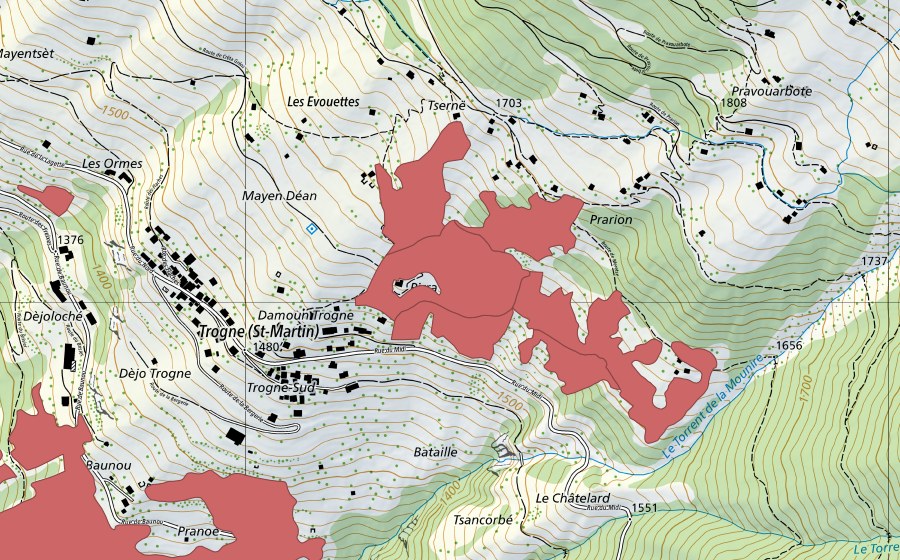 Carta nazionale swisstopo con il perimetro protetto di Prarion (Prato secco)