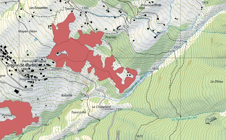 swisstopo national map showing the protected perimeter of Prarion (Dry meadow)