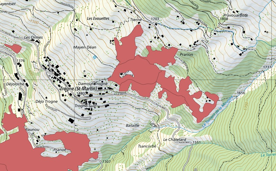 Carte nationale swisstopo avec le périmètre protégé de Prarion (Prairie sèche)