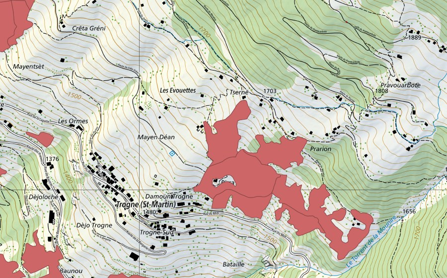 swisstopo national map showing the protected perimeter of Prarion (Dry meadow)