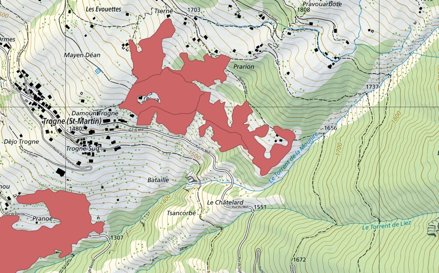 Carte nationale swisstopo avec le périmètre protégé de Prarion (Prairie sèche)