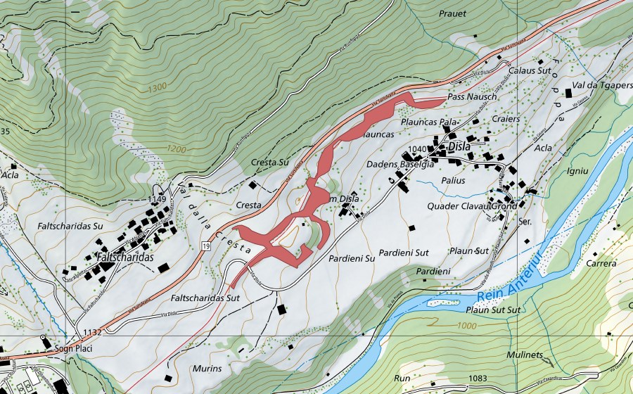 Landeskarte swisstopo mit dem Schutzperimeter von Prauet (Trockenwiese)