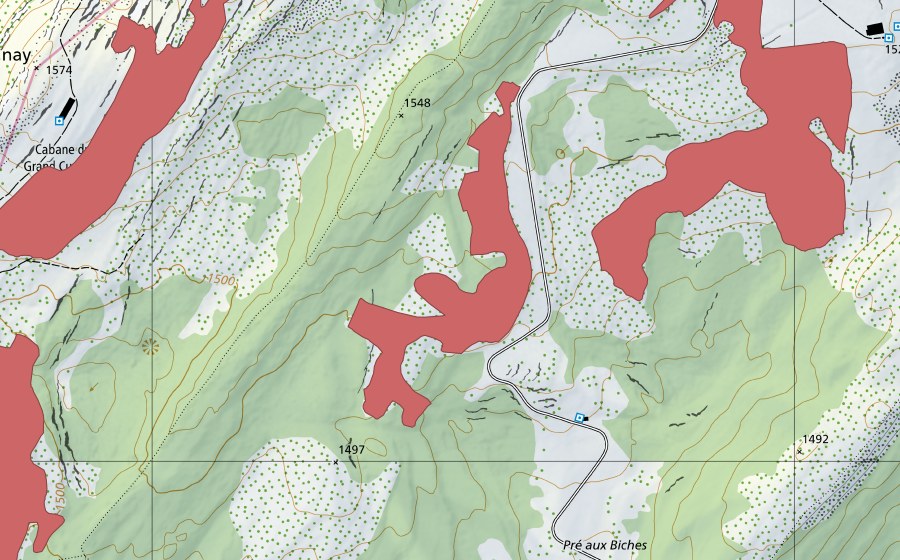 Carte nationale swisstopo avec le périmètre protégé de Pré aux Biches (Prairie sèche)
