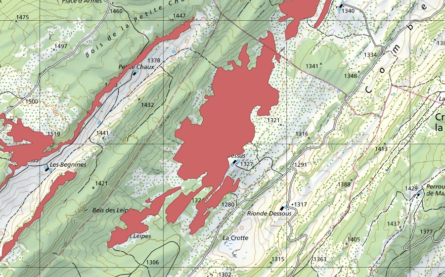 swisstopo national map showing the protected perimeter of Pré aux Veaux (Dry meadow)