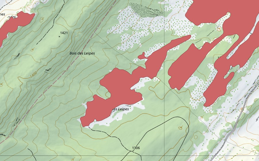swisstopo national map showing the protected perimeter of Pré aux Veaux (Dry meadow)