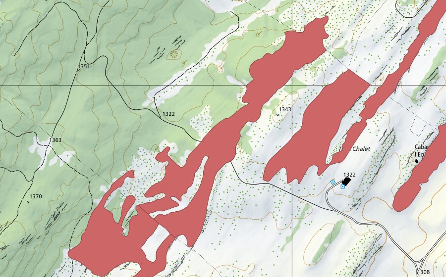 Landeskarte swisstopo mit dem Schutzperimeter von Pré aux Veaux (Trockenwiese)