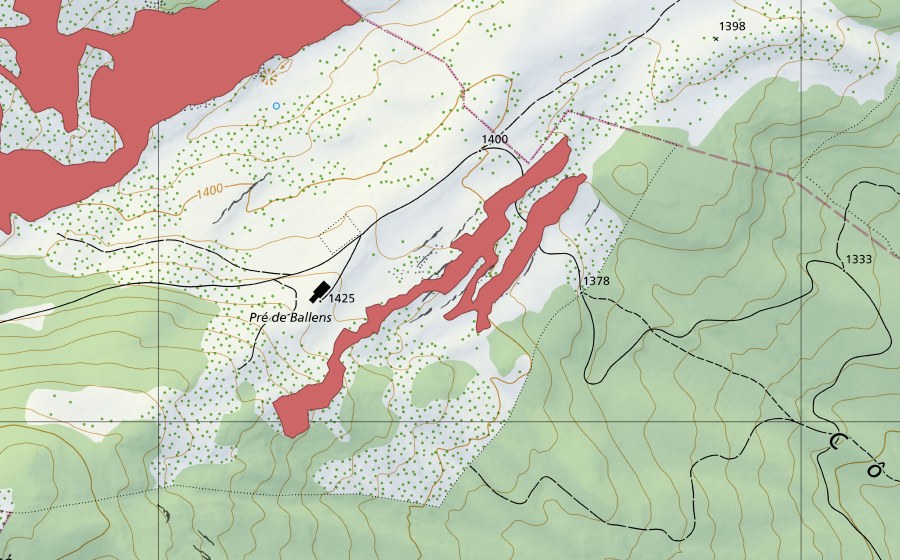 Landeskarte swisstopo mit dem Schutzperimeter von Pré de Ballens (Trockenwiese)