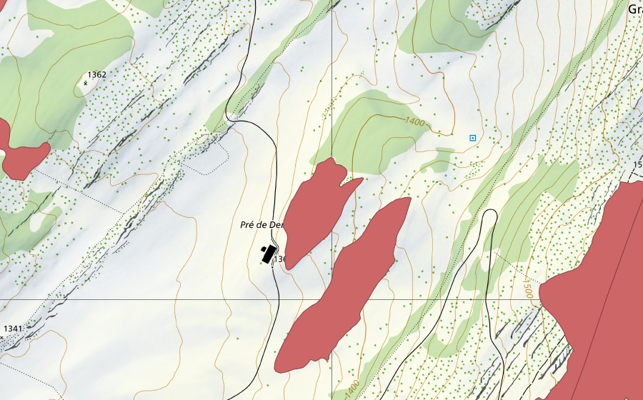 Carte nationale swisstopo avec le périmètre protégé de Pré de Denens (Prairie sèche)