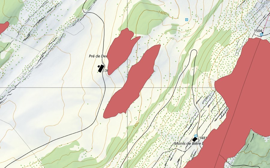 swisstopo national map showing the protected perimeter of Pré de Denens (Dry meadow)