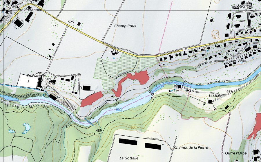 Carte nationale swisstopo avec le périmètre protégé de Pré du Moulin (Prairie sèche)