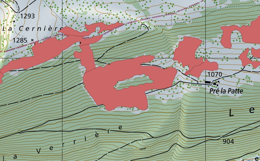 Landeskarte swisstopo mit dem Schutzperimeter von Pré la Patte (Trockenwiese)