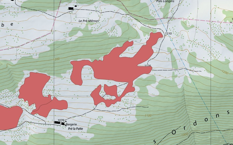 swisstopo national map showing the protected perimeter of Pré la Patte (Dry meadow)