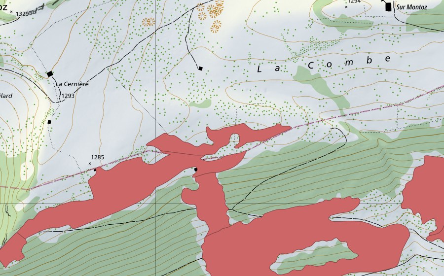 Carte nationale swisstopo avec le périmètre protégé de Pré la Patte (Prairie sèche)
