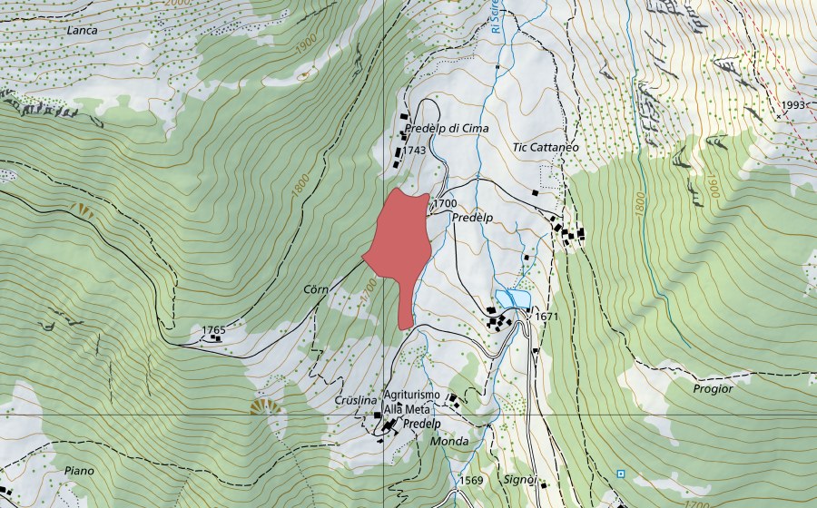 swisstopo national map showing the protected perimeter of Predèlp (Dry meadow)