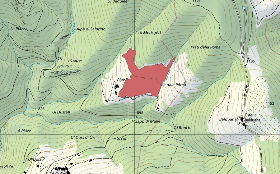 Carte nationale swisstopo avec le périmètre protégé de Pree (Prairie sèche)