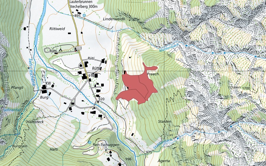 swisstopo national map showing the protected perimeter of Preech (Dry meadow)