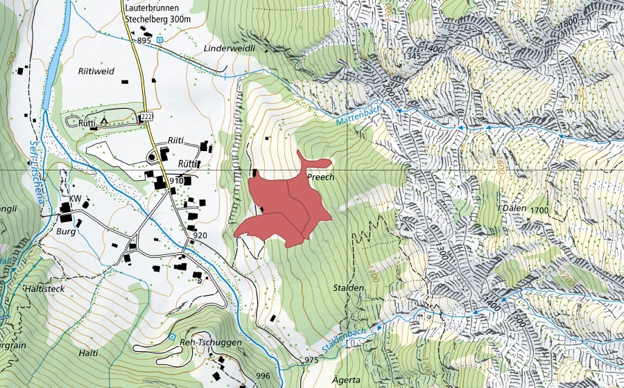Carte nationale swisstopo avec le périmètre protégé de Preech (Prairie sèche)