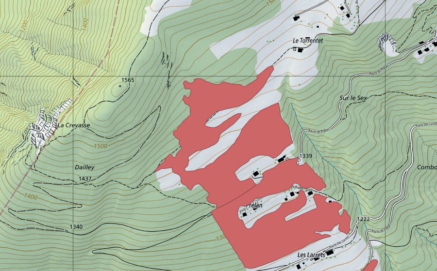 Carte nationale swisstopo avec le périmètre protégé de Prélan (Prairie sèche)