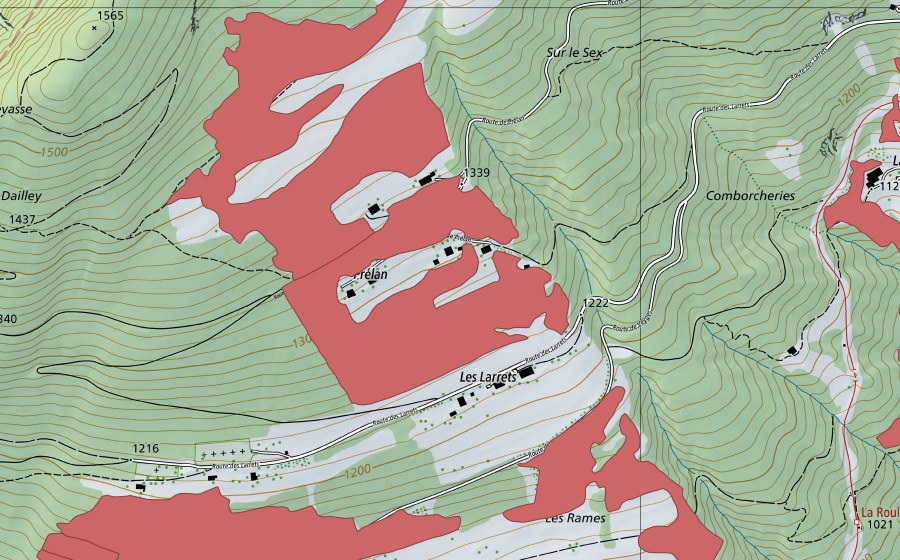 Carte nationale swisstopo avec le périmètre protégé de Prélan (Prairie sèche)