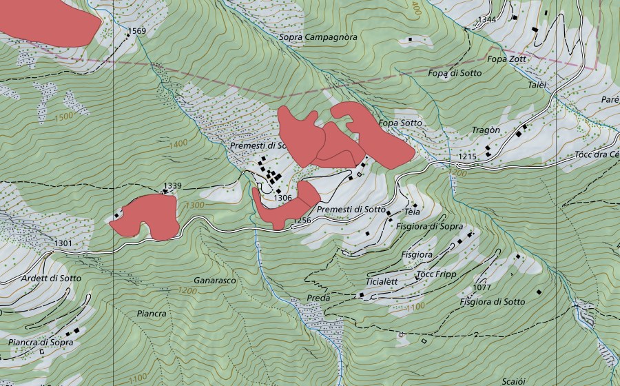 Landeskarte swisstopo mit dem Schutzperimeter von Premesti (Trockenwiese)