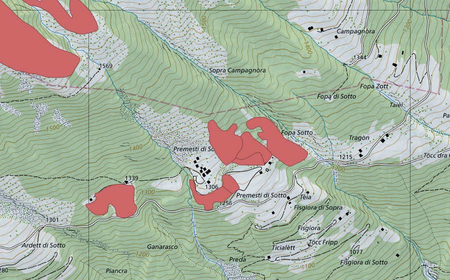 Carte nationale swisstopo avec le périmètre protégé de Premesti (Prairie sèche)