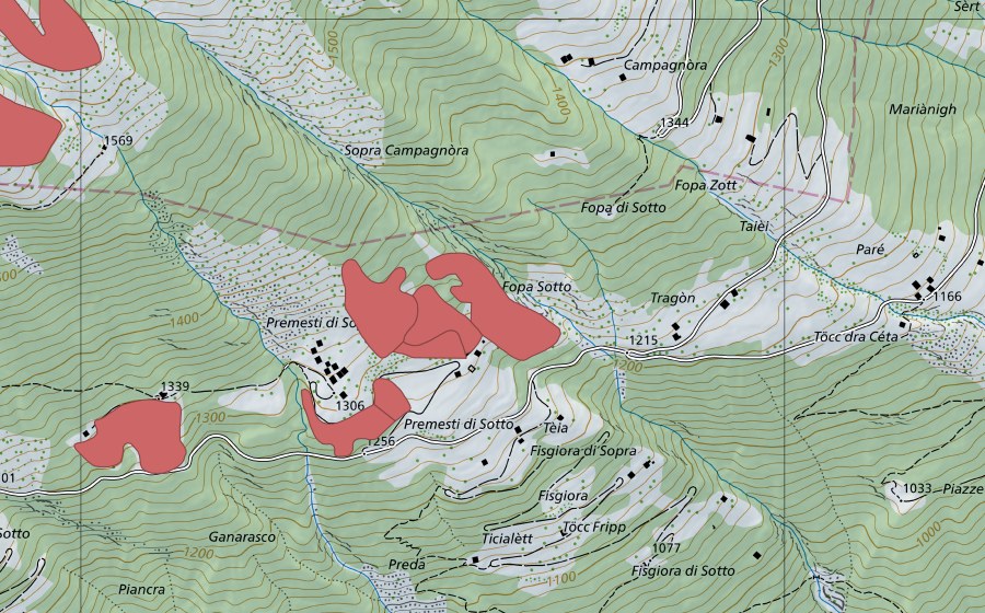 Landeskarte swisstopo mit dem Schutzperimeter von Premesti (Trockenwiese)