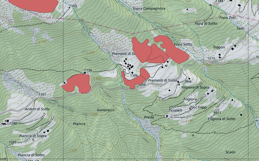 swisstopo national map showing the protected perimeter of Premesti (Dry meadow)