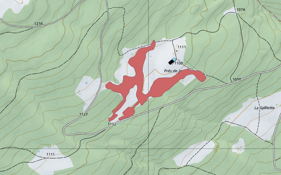Landeskarte swisstopo mit dem Schutzperimeter von Prés de Joux (Trockenwiese)